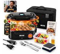 OXXIE Fiambrera Eléctrica 100W 1,5L con Acero Inoxidable 304, Calentador de Comida Portátil para Trabajo, Coche y Camión, 12V/24V/220V, Tupper Eléctrico con Bolsa y Accesorios