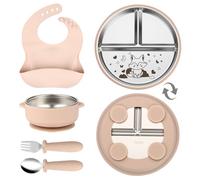 OXYEFEI Set Platos Bebé acero Inoxidable con Ventosa，Blanco Roto：Zorro | Laser-Engraved Animal Pattern, Never Fades；SUS304 Food-Grade Steel, BPA-Free; 3-Section Divided Plate for BLW Feeding