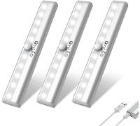 OxyLED Luz con Sensor de Movimiento, Armario 3pcs 6000K Sensor USB Recargable LED Adhesiva, 3 Tiras Magnéticas con Encendido/Apagado Automático para Gabinete Espejo de Vanidad