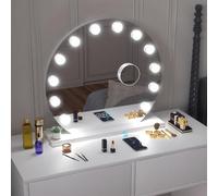Oyajia Espejo redondo con iluminación - 12 LED - 3 modos - Intensidad ajustable - Control táctil - Altavoz Bluetooth + DC - USB / Type-C Espejo cosmético - Blanco - 50 x 12 x 47 cm