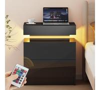 Oyajia Mesita de noche con iluminación LED, mesa auxiliar, colores ajustables, mesa de sofá 2 cajones, mesita de noche dormitorio, moderna, 43 x 35 x 52 cm, color negro