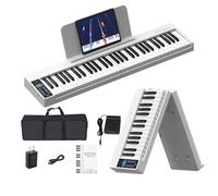 OYAYO Piano plegable portátil de 61 teclas con batería integrada, Bluetooth MIDI y teclado electrónico de audio, pantalla LED de 128 tonos, 128 ritmos, incluye pedal de sostenimiento (blanco)
