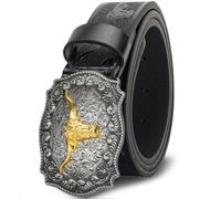 Oyifan Western Cowboy Cowgirl - Cinturón de cuero para hombre, diseño de toro largo con grabado floral, color marrón, hebilla grande, Negro, "M" Fit Waist 30-34inch
