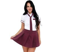 Oyolan 3 Pcs Uniforme Colegiala Mujeres Disfraz Traje Escolar Camiseta de Manga Corta Blanca y Mini Falda Plisada a Cuadros Chicas Cosplay School Disfraz Sexy borgoña XL