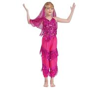 Oyolan 3pcs Traje De Danza del Vientre para Niñas Crop Top Corto + Pantalones De Harén + Bufanda Ropa India Lentejuelas Disfraz De Princesa Cosplay Rosa Caliente 2-4 años