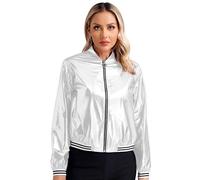 Oyolan Chaqueta Bomber Brillante Metálica con Cremallera para Mujer Chaqueta Deportiva Plateada Metálica Disfraz De Fiesta Carnaval Plateado L