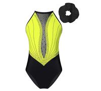 Oyolan Conjundo Deportiva De Danza Para Niñas Mono De Patinaje Artístico Leotardo Sin Mangas Con Leggings Cortos Maillot De Gimnasia Rítmica Amarillo 2 unids/set A 11-12 años