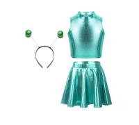 Oyolan Conjunto De Disfraz De Alien Para Niñas Crop Top + Mini Falda + Diadema Vestido Metálico Para El Espacio Exterior Cosplay lago azul 9-10 años