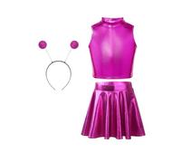 Oyolan Conjunto De Disfraz De Alien Para Niñas Crop Top + Mini Falda + Diadema Vestido Metálico Para El Espacio Exterior Cosplay Rosa roja 9-10 años