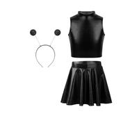 Oyolan Conjunto De Disfraz De Alien Para Niñas Crop Top + Mini Falda + Diadema Vestido Metálico Para El Espacio Exterior Cosplay Negro 9-10 años