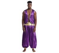 Oyolan Disfraces De Príncipe Aladino Hombre Chaqueta Abierta Y Pantalones Largos De Harén Traje Para Halloween Cosplay Dark Purple&Dark Purple 4XL