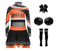 Oyolan Disfraz Animadora Con Pompones Para Niñas Top Corto + Falda Plisada Con Pompones Conjunto Deportivo Uniforme Colegiala Naranja Negro 9-10 años