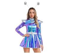 Oyolan Disfraz De Cosplay De Alien Para Mujer Vestido Mangas Largas + Diademas De Alienígena Disfraz De Cadete Espacial Traje Para Fiesta Carnaval Azul M