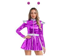 Oyolan Disfraz De Cosplay De Alien Para Mujer Vestido Mangas Largas + Diademas De Alienígena Disfraz De Cadete Espacial Traje Para Fiesta Carnaval Morado XXL