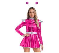 Oyolan Disfraz De Cosplay De Alien Para Mujer Vestido Mangas Largas + Diademas De Alienígena Disfraz De Cadete Espacial Traje Para Fiesta Carnaval Rosa caliente M