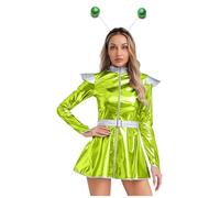 Oyolan Disfraz De Cosplay De Alien Para Mujer Vestido Mangas Largas + Diademas De Alienígena Disfraz De Cadete Espacial Traje Para Fiesta Carnaval Verde 4XL