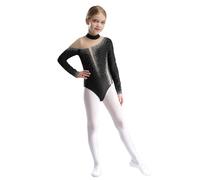 Oyolan Maillot Brillant De Gimnasia Ritmica Niña Leotardo Manga Larga Mono De Baile Elástico Disfraz Bailarina De Fiesta Actuación Negro 9-10 años