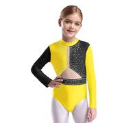 Oyolan Maillot De Danza Ballet Para Niñas Leotardo Manga Larga Con Pedrería Brillante Leotardo De Danza Gimnasia Body De Bailarina Actuación Amarillo 13-14 años