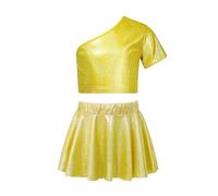 Oyolan Traje De Baile De Jazz para Niñas Vestido De Porrista Crop Top Un Hombro Manga Corta con Falda Corta Metálico Conjundo De Danza Moderno Hiphop Dorado G 7-8 años