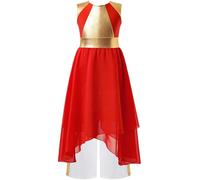 Oyolan Vestido De Baile De Alabanza Litúrgica para Niñas Vestido De Baile Metálico con Pantalones De Pierna Ancha Disfraz Espiritual De Adoración Red&White 9-10 años