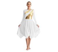 Oyolan Vestido De Baile De Alabanza para Mujer Vestido Himno Manga Larga Metálico Vestido Largo Litúrgica De Danza Cristiana Traje De Adoración Blanco D M