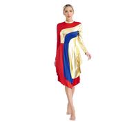 Oyolan Vestido De Baile De Alabanza para Mujer Vestido Himno Manga Larga Metálico Vestido Largo Litúrgica De Danza Cristiana Traje De Adoración Rojo M