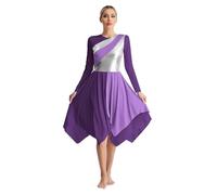 Oyolan Vestido De Baile De Alabanza para Mujer Vestido Himno Manga Larga Metálico Vestido Largo Litúrgica De Danza Cristiana Traje De Adoración Morado D M