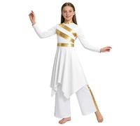 Oyolan Vestido De Danza Cristiana para Niñas Vestido De Baile Asimétrico con Pantalones Holgados Ropa De Baile Litúrgica Blanco 7-8 años