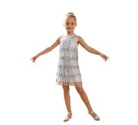 Oyolan Vestido Flecos De Baile Latino Niñas Vestido Lentejuelas Brillante De Baile Sin Mangas Traje De Danza Competición Plata 5-6 años