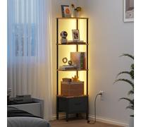 OYRREU Librería de Esquina con Cajón y Luz LED, Estantería Alta de 4 Baldas (147 cm), Estrecha para Salón o Dormitorio, Cajón de Tela, Marrón Retro