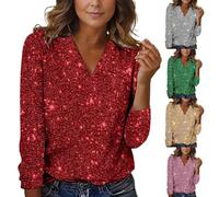 Oyuchga Blusas Mujer Tallas Grandes Camiseta de Manga Larga con Lentejuelas Brillo Casual Cuello en V Traje de Nochevieja Top Manga Larga Túnica Fiesta Camisa Tops Streetwear, A rojo., L