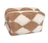 OZAOZ Bolsa de maquillaje a cuadros, bolsa de cosméticos de felpa a cuadros, bonita bolsa de aseo de viaje grande con cremallera, bolsa de almacenamiento suave, bolsa de maquillaje mullida para mujeres y niñas, Caqui, Bolsa de maquillaje a cuadros, bolsa de maquillaje mullida, bolsa de maquillaje Sherpa