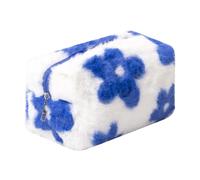 OZAOZ Bolsa de maquillaje a cuadros de felpa, bolsa de cosméticos estética, a cuadros, bonita bolsa de aseo de viaje, bolsa de almacenamiento suave, bolsa de lápices para mujeres y niñas, Flor-azul