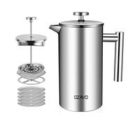 OZAVO Cafetera de Émbolo Individual Prensa Francesa Cafetera Acero Inoxidable con 5 Filtros Gratis Capacidad 1L- Color Plateado