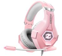 Ozeino Auriculares para Juegos con micrófono, Sonido Envolvente 3D, con cancelación de Ruido, Luces RGB, Color Rosa