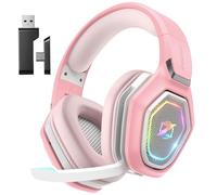 Ozeino Cascos Gaming Inalámbricos para PC/Ps5/Ps4, Auriculares Gaming Inalámbricos de 2,4GHz Wireless+Bluetooth (Rosa)