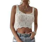 OZEO Chaleco Jersey,Boho Crochet Mesh Tank Tops para Mujer Summer Sexy Hollow out Crop Top Square Neck Y2K Corset Tops Blusa Macrame Vintage Punto Chaleco Sin Mangas Pullover,Beige,S