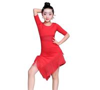 OZLCUA Mid Long Sleeve Lace Mesh Mordern Ballroom Dancing Dresses For Salsa Tango Skirt Latin Dance Dress Girls(Red,Height 150 to 160cm)