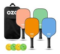 OZO Pickleball - Set de 4 Raquetas, 4 Bolas y Bolsa - Spark Fusion Essence (para Principiantes, Híbrida, Superficie de Grafito) + 4 Bolas (para Esteriores e Interiores) Aprobadas por la USAPA