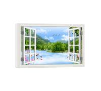 OZPWBVY Falsa Ventana Paisaje Cuadros Decoracion Salon Modernos-Árbol Lago Flores pájaros-Impresión en Lienzo-Naturaleza Imagen Listo para Colgar 40x60cm Enmarcado