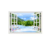 OZPWBVY Falsa Ventana Paisaje Cuadros Decoracion Salon Modernos-Árbol Lago Flores pájaros-Impresión en Lienzo-Naturaleza Imagen 20x30cm8x12in Sin Marco