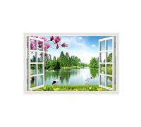 OZPWBVY Falsa Ventana Paisaje Cuadros Decoracion Salon Modernos-Lago Flores pájaros-Impresión en Lienzo-Naturaleza Imagen 70x115cm Sin Marco