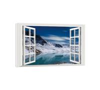 OZPWBVY Falsa Ventana Paisaje Cuadros Decoracion Salon Modernos-Lago nevado Montaña-Impresión en Lienzo-Naturaleza Imagen Listo para Colgar 80x120cm Enmarcado