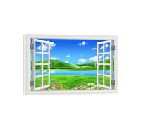 OZPWBVY Falsa Ventana Paisaje Cuadros Decoracion Salon Modernos-Pradera Flores Lago-Impresión en Lienzo-Naturaleza Imagen Listo para Colgar 40x60cm Enmarcado