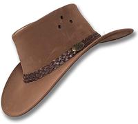 Oztrala Jacaru HAT P-Leather - Sombrero de piel para hombre y mujer, diseño de vaquero australiano Fedora Outback Ranger HBR1 - EE. UU, Marrón claro, Large