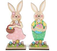 OZXVXZO 2pcs Conejo de Pascua Madera Decoración Adorno de Pascua para Poner Conejitos de Pascua para Pararse, Regalo de Pascua para Niños y Familias