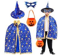 OZXVXZO Capa De Bruja para Niños, Disfraz De Brujo con Sombrero,Capa De Bruja De Halloween para Niños, Disfraz halloween Niño Con Antifaz,Bolsa Chuches Halloween -B
