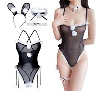 OZXVXZO Conejito Conjunto de Lencería, 5 Pcs Disfraz de Conejita de Anime Cosplay Conjuntos de Lencería para Mujer Body de Encaje Sexy con Medias Ligas de Encaje Lencería Ropa Interior Trajes