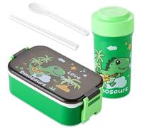 OZXVXZO Juego de Almuerzo Recipientes Fiambrera con Cubiertos Botella para Beber, Set de Almuerzo para el Colegio o para Llevar - 900 ml + 500 ml - Dino, Verde
