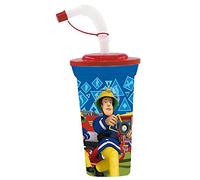 P:os 33339 - Vaso con diseño de Sam bombero, con pajita, capacidad aprox. 500 ml, de plástico, sin BPA ni ftalatos, para casa y viaje, modelo 1